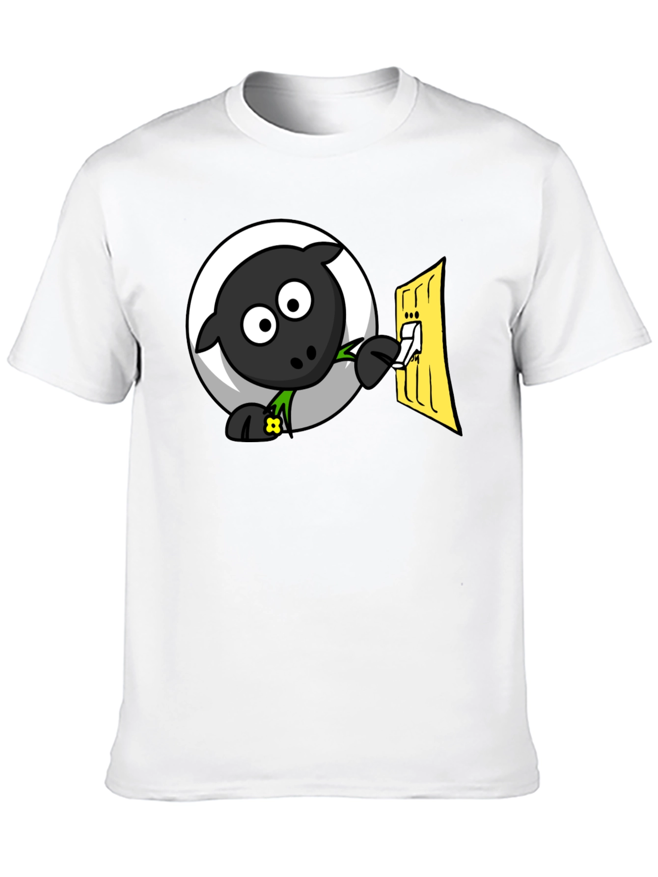 Black Funny Cartoon Sheep Turning on Light T-Shirt view 10
