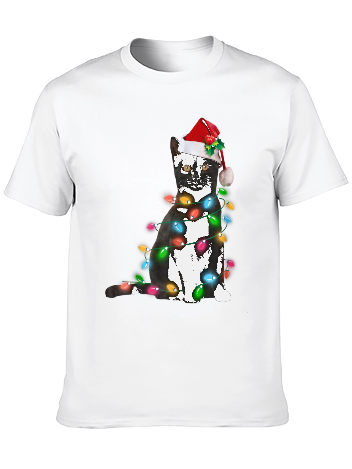Black Festive Cat Christmas Lights T-Shirt view 10