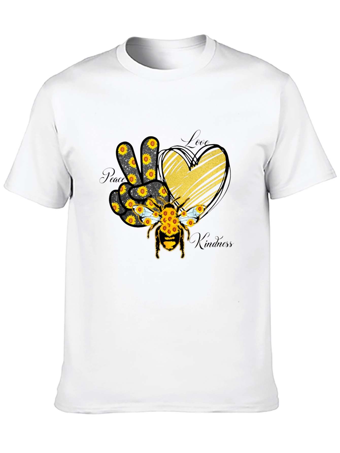 Black Peace Love Kindness Sunflower Bee T-Shirt view 10