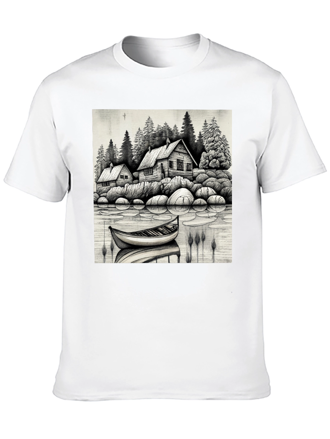 Black Cabin Lake Scene T-Shirt view 10