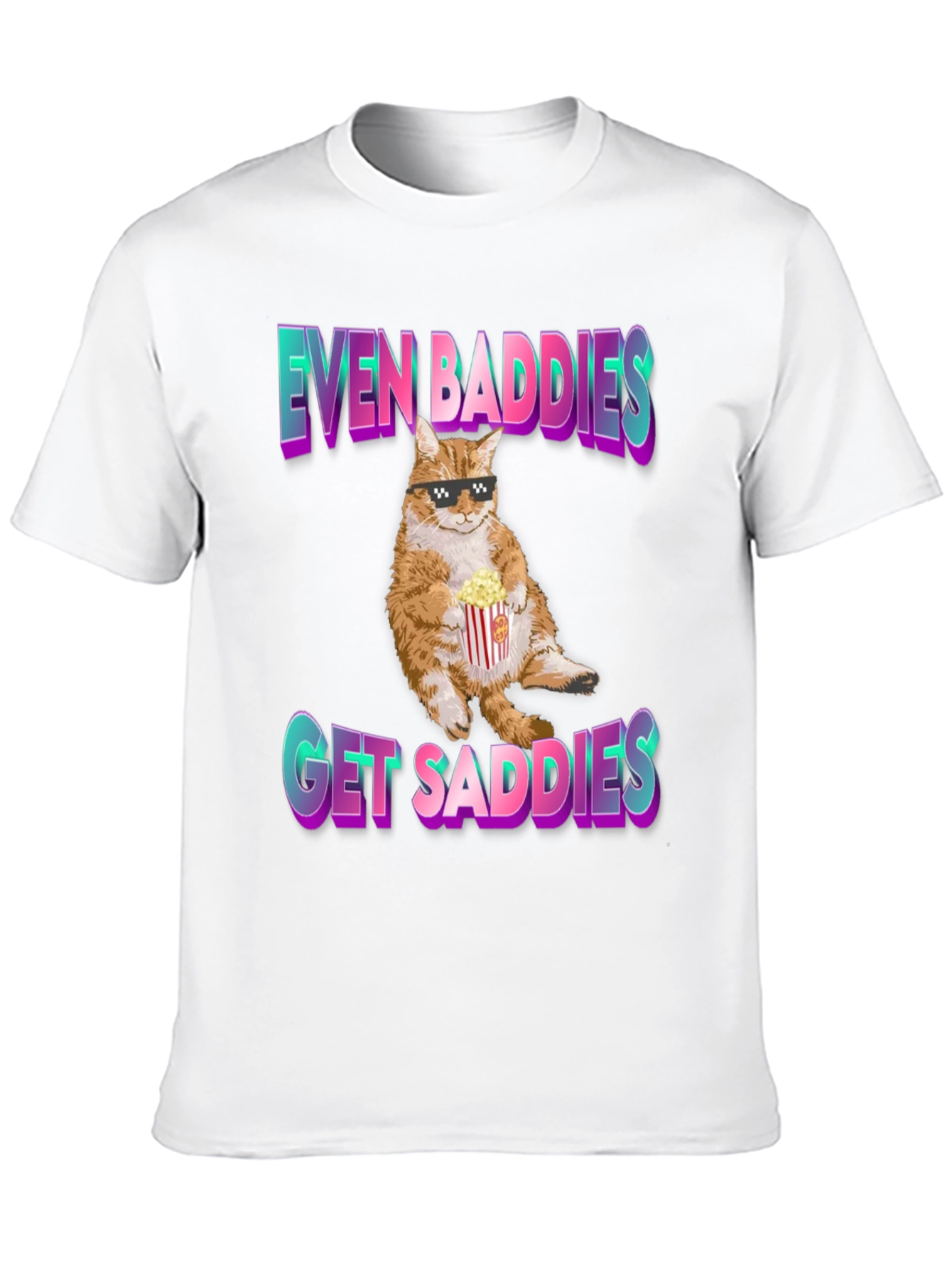 Black Even Baddies Get Saddies T-Shirt - Cat with Popcorn view 10