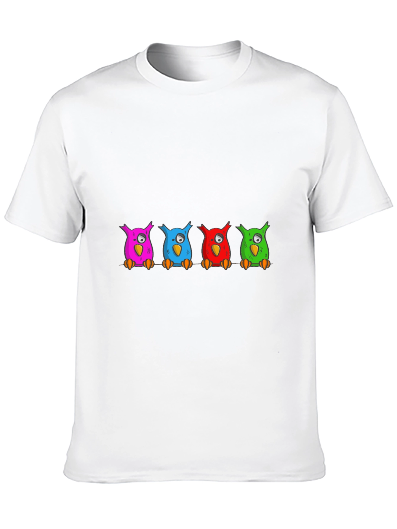 Black Colorful Cartoon Owls on a Branch T-Shirt view 10