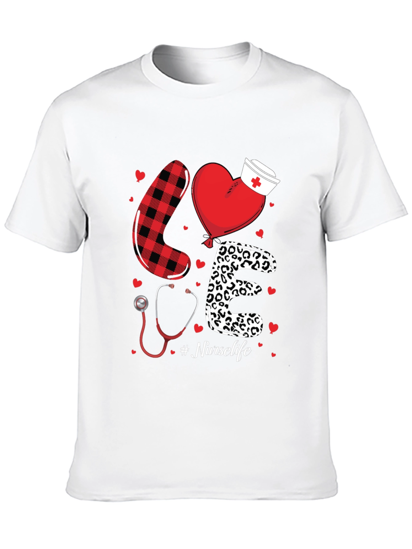 Black Nurse Life Love Graphic T-Shirt - Heart, Stethoscope, Pattern Design view 10