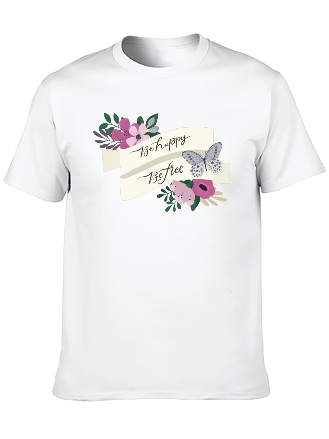 Black Be Happy Be Free Floral Butterfly Graphic Tee view 10