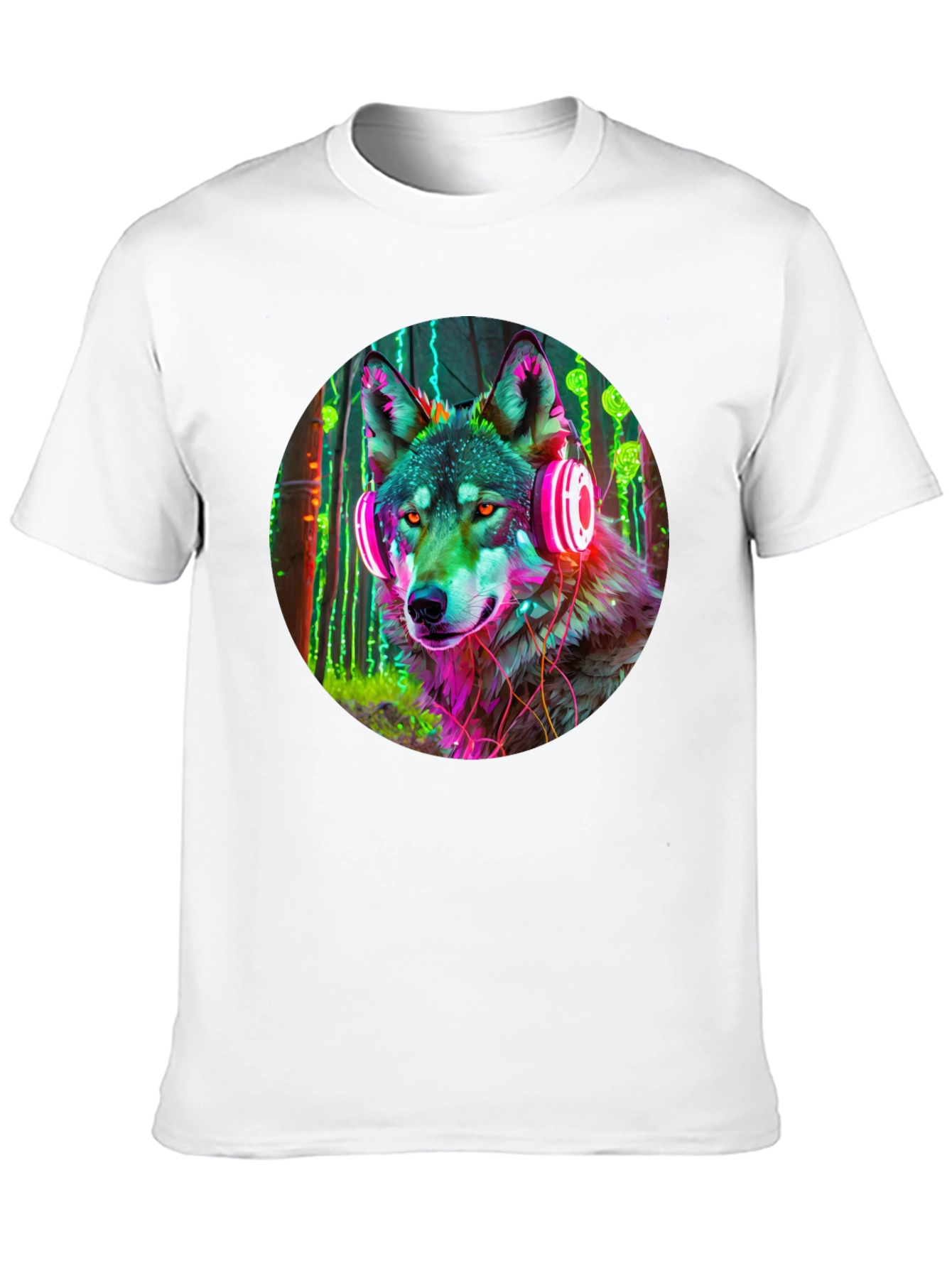 Black Neon Wolf Headphones Graphic Tee view 10