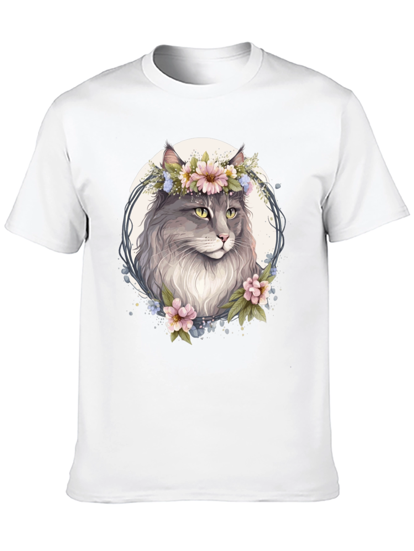 Floral Cat Graphic Black T-Shirt - 10