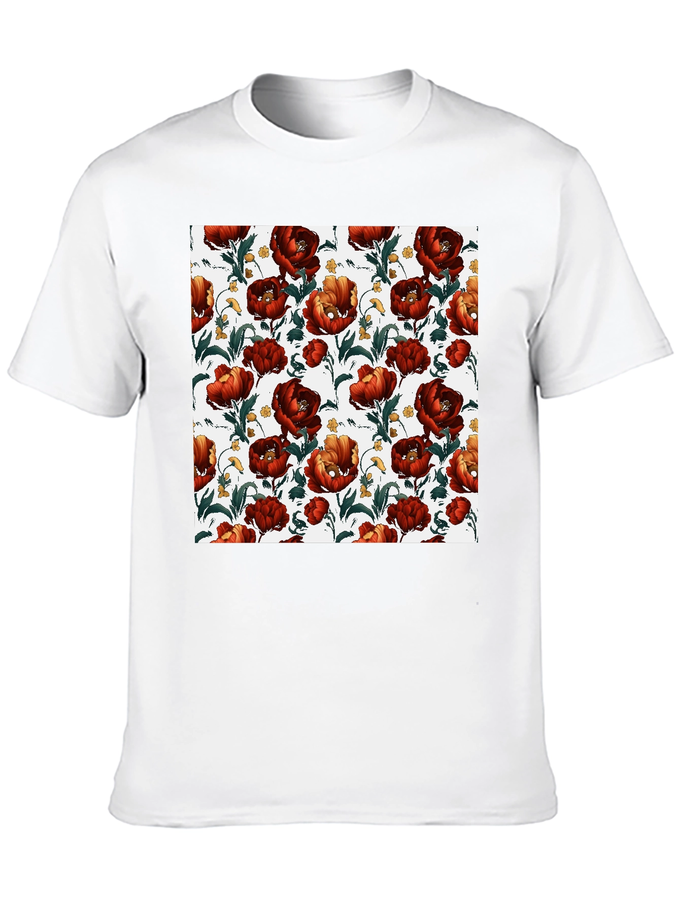 Black Floral Print Crew Neck T-Shirt - Bold Red Blooms view 10