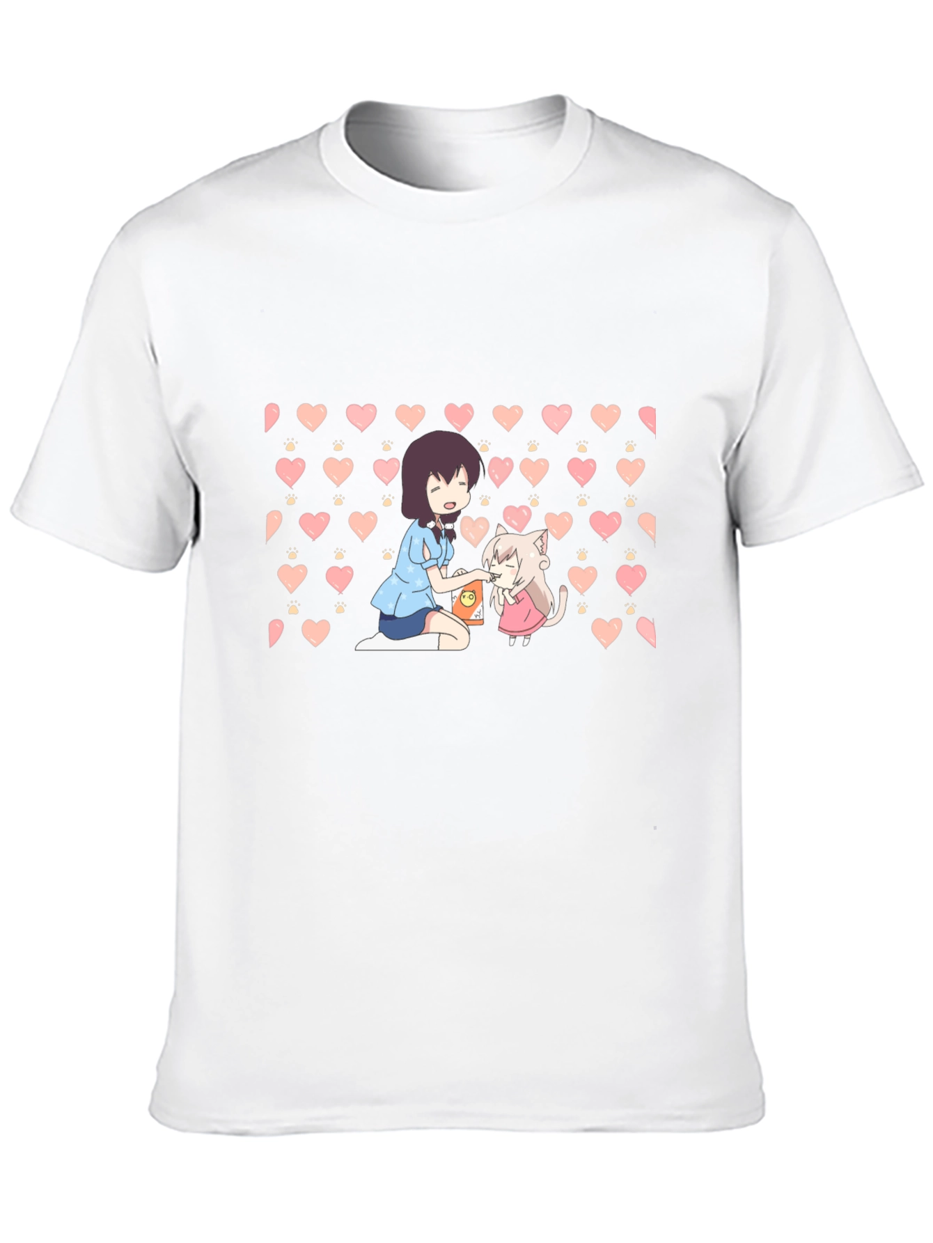 Black Anime Girl & Cat Heart Pattern Black T-Shirt view 10