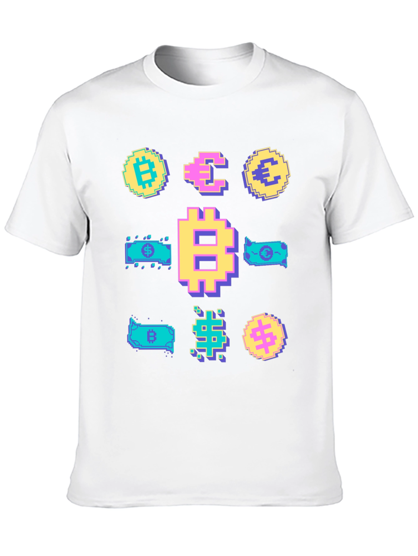 Black Crypto Pixel Art T-Shirt: Bitcoin, Euro, Dollar view 10