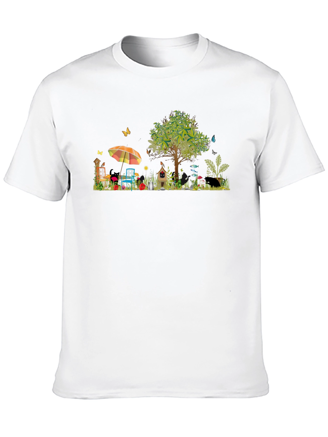 Black Whimsical Garden Scene Graphic T-Shirt view 10