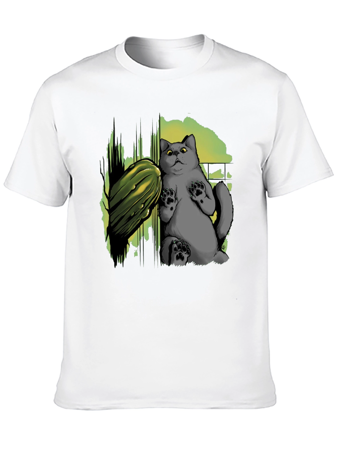 Black Funny Cat & Cucumber Graphic Tee - Black Cotton T-Shirt view 10