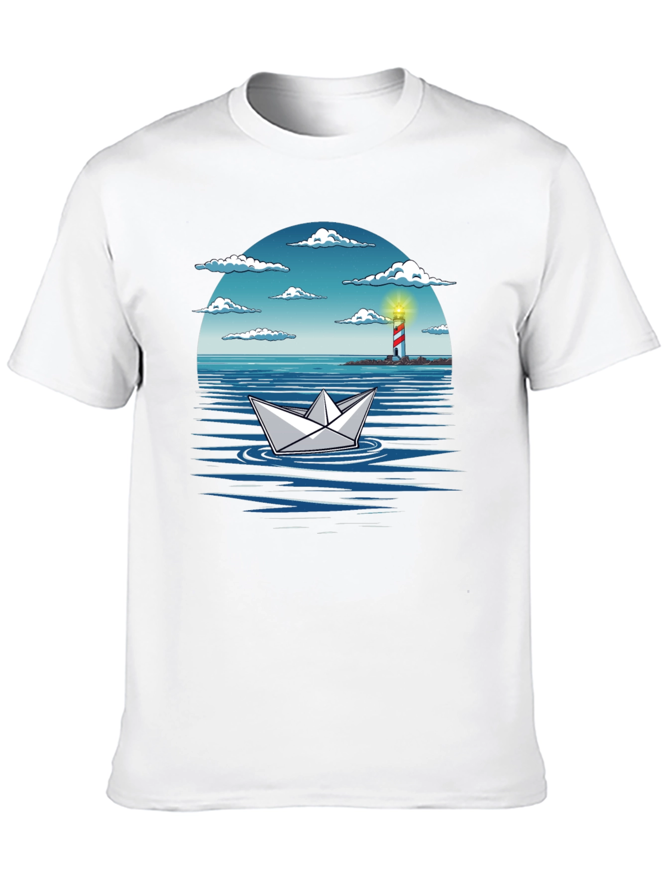 Black Paper Boat Lighthouse Graphic Tee - Nautical Adventure Shirt view 10
