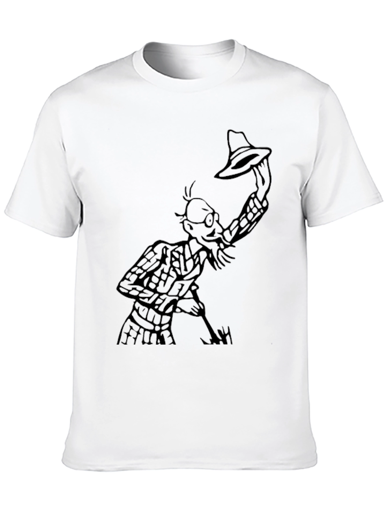 Black Black T-Shirt with Cartoon Man Holding Hat view 10