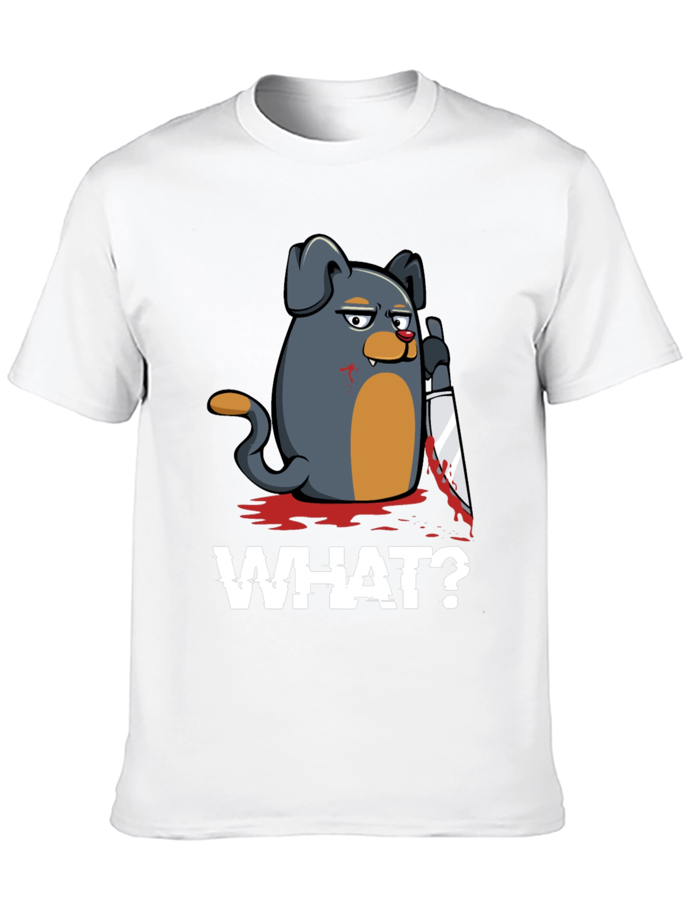 Black Men's 'What?' Dog with Knife Graphic T-Shirt view 10