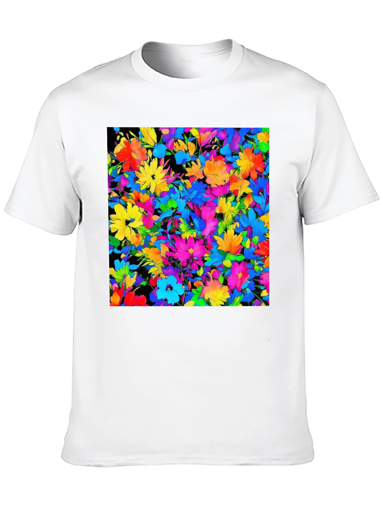 Black Colorful Floral Print Men's Black T-Shirt view 10
