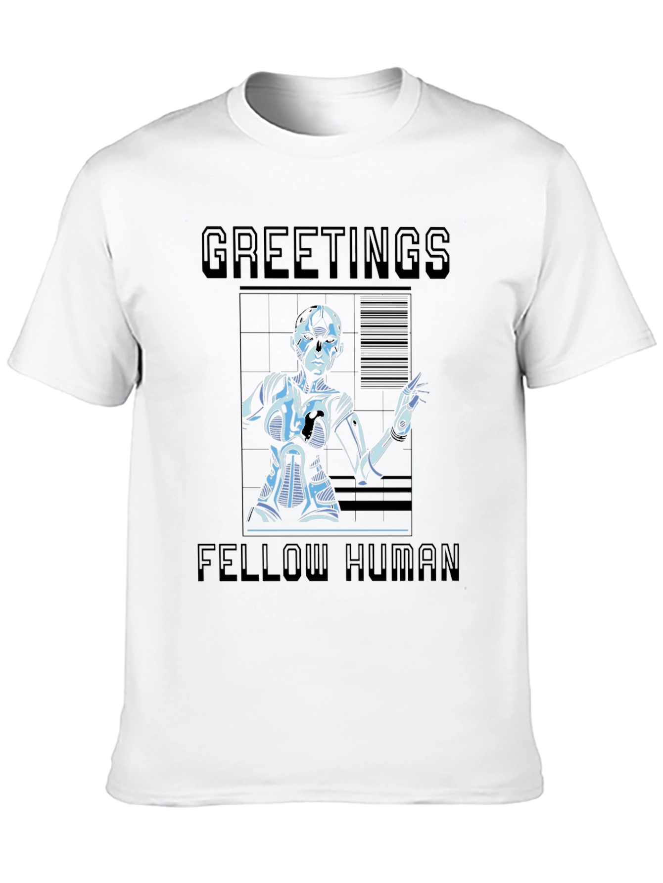 Black Greetings Fellow Human T-Shirt - Sci-Fi Robot Design view 10