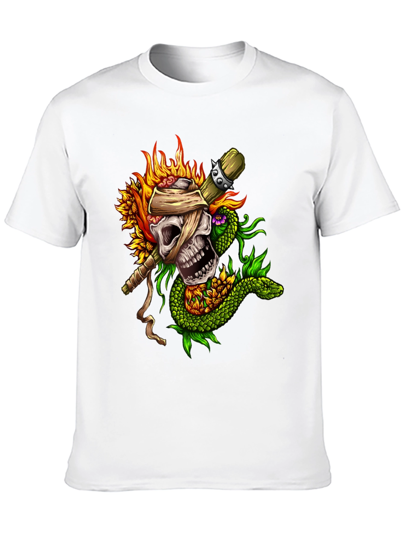 Skull, Snake, Sunflowers Black T-Shirt - 10