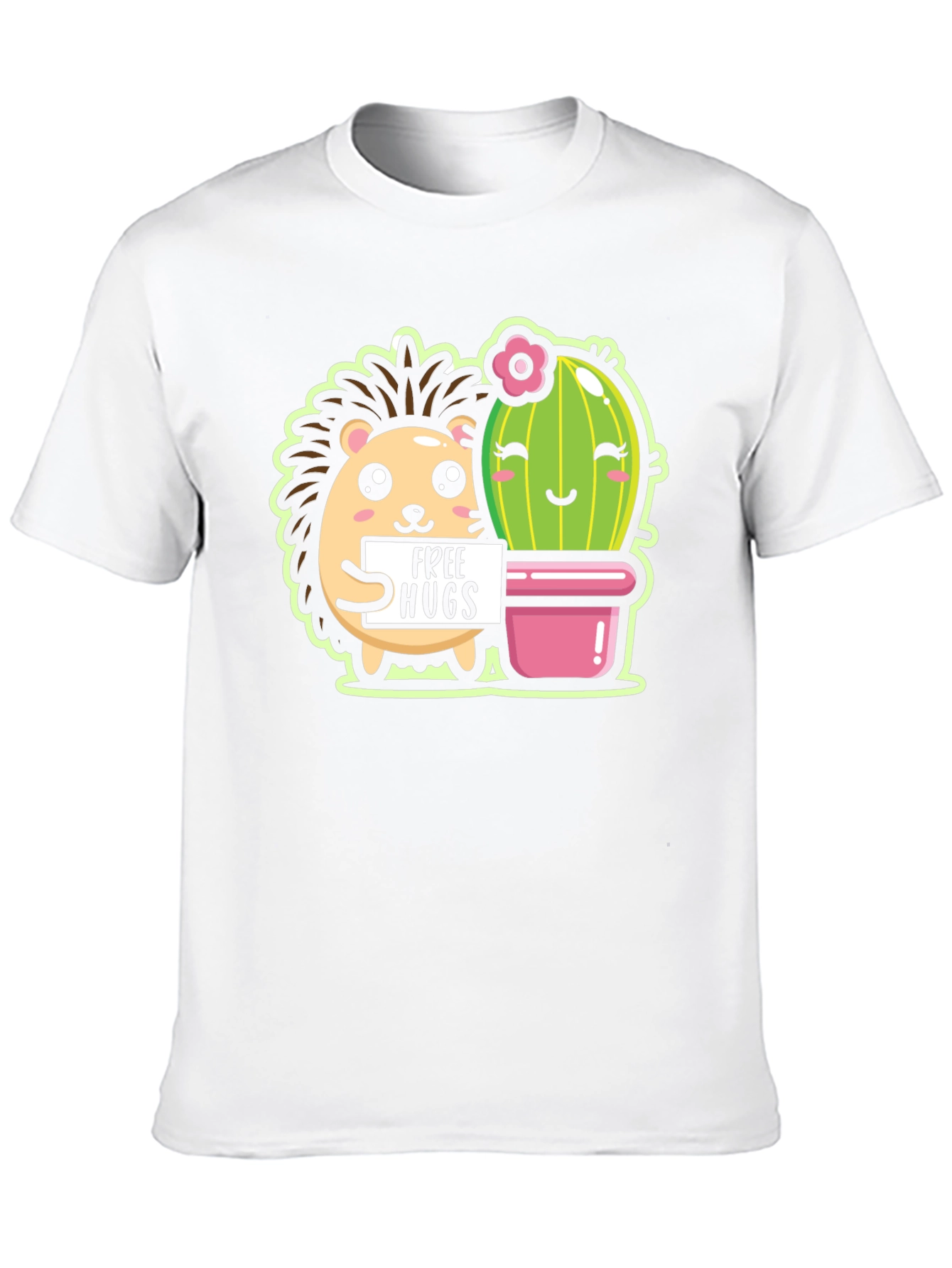 Black Cute Hedgehog & Cactus Free Hugs Black T-Shirt view 10