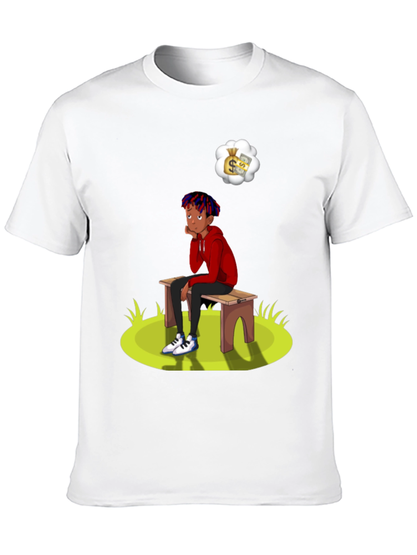 Black Cartoon Graphic Tee -  Boy on Bench Dreaming of Money view 10