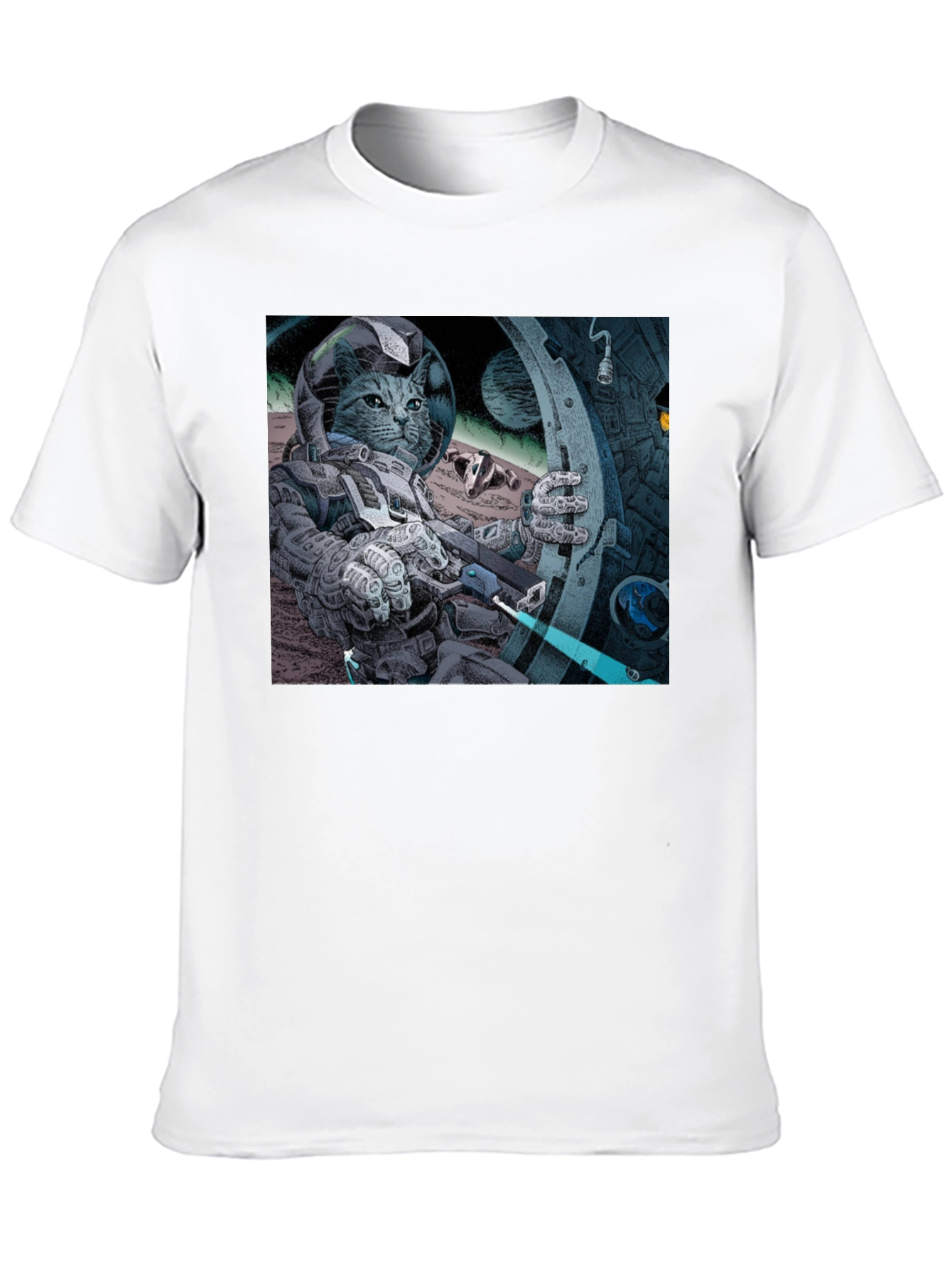 Black Cosmic Cat Astronaut T-Shirt - Cool Graphic Tee view 10