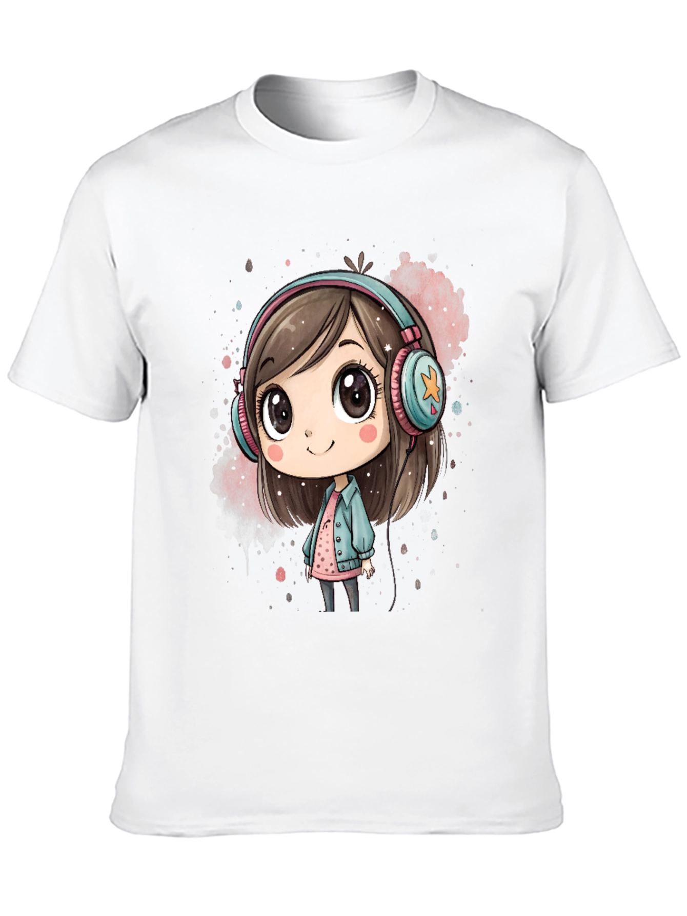 Black Cute Cartoon Girl Headphones Black T-Shirt view 10