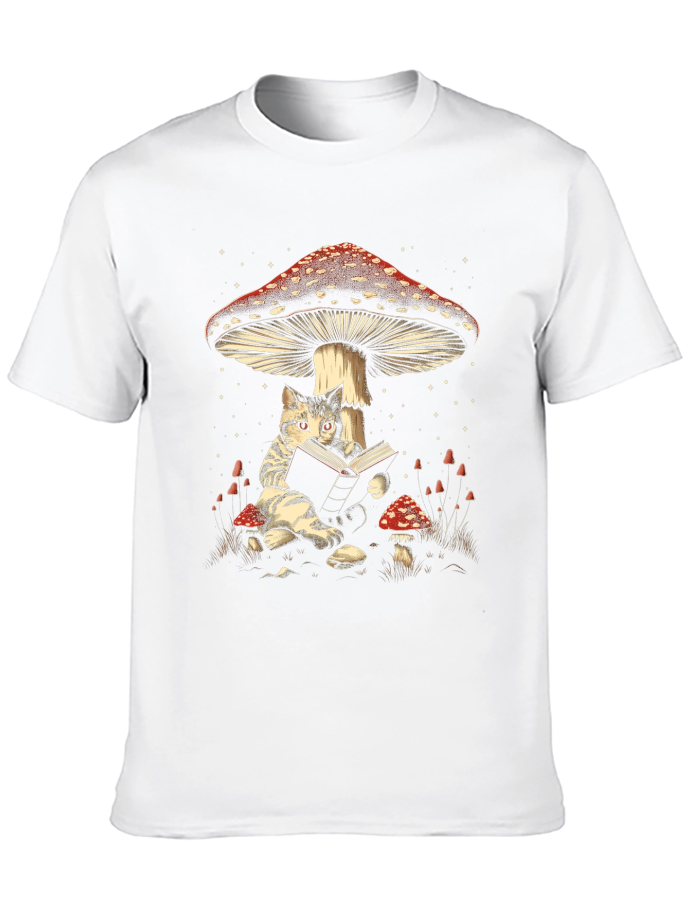 Black Cat Reading Under Mushroom T-Shirt view 10
