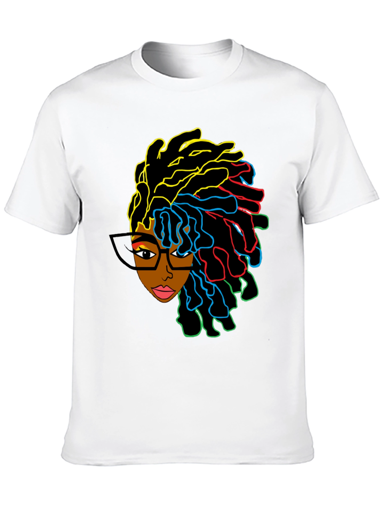 Black Stylish Graphic Tee - Afro Woman with Colorful Dreadlocks view 10