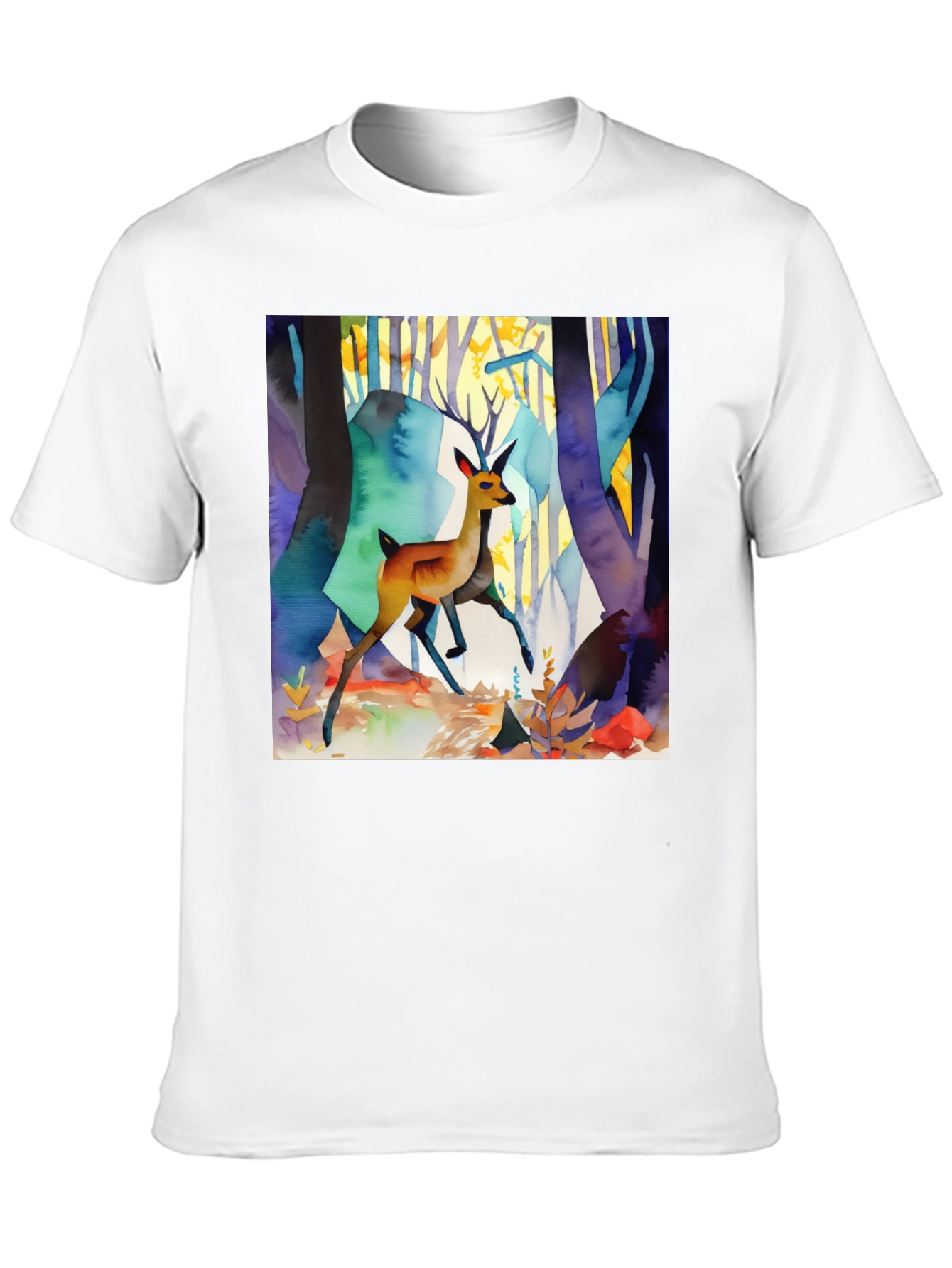Black Watercolor Deer Forest Print Black T-Shirt view 10