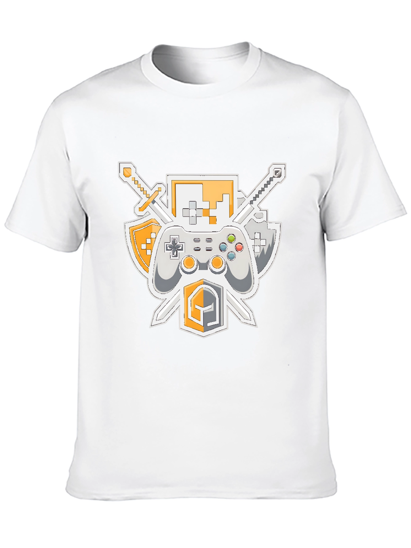 Black Gamer's Crest T-Shirt - Swords, Controller, & Shield Design view 10