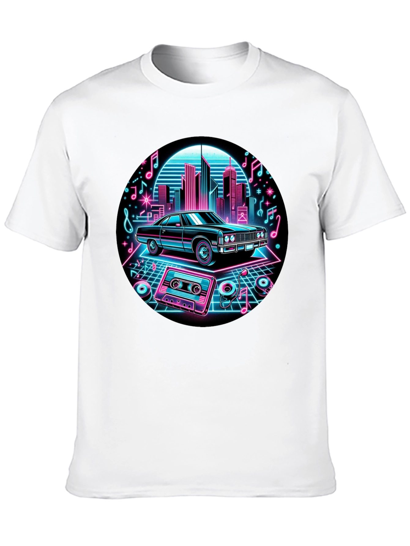 Black Retro Car T-Shirt - Neon Cityscape Design view 10