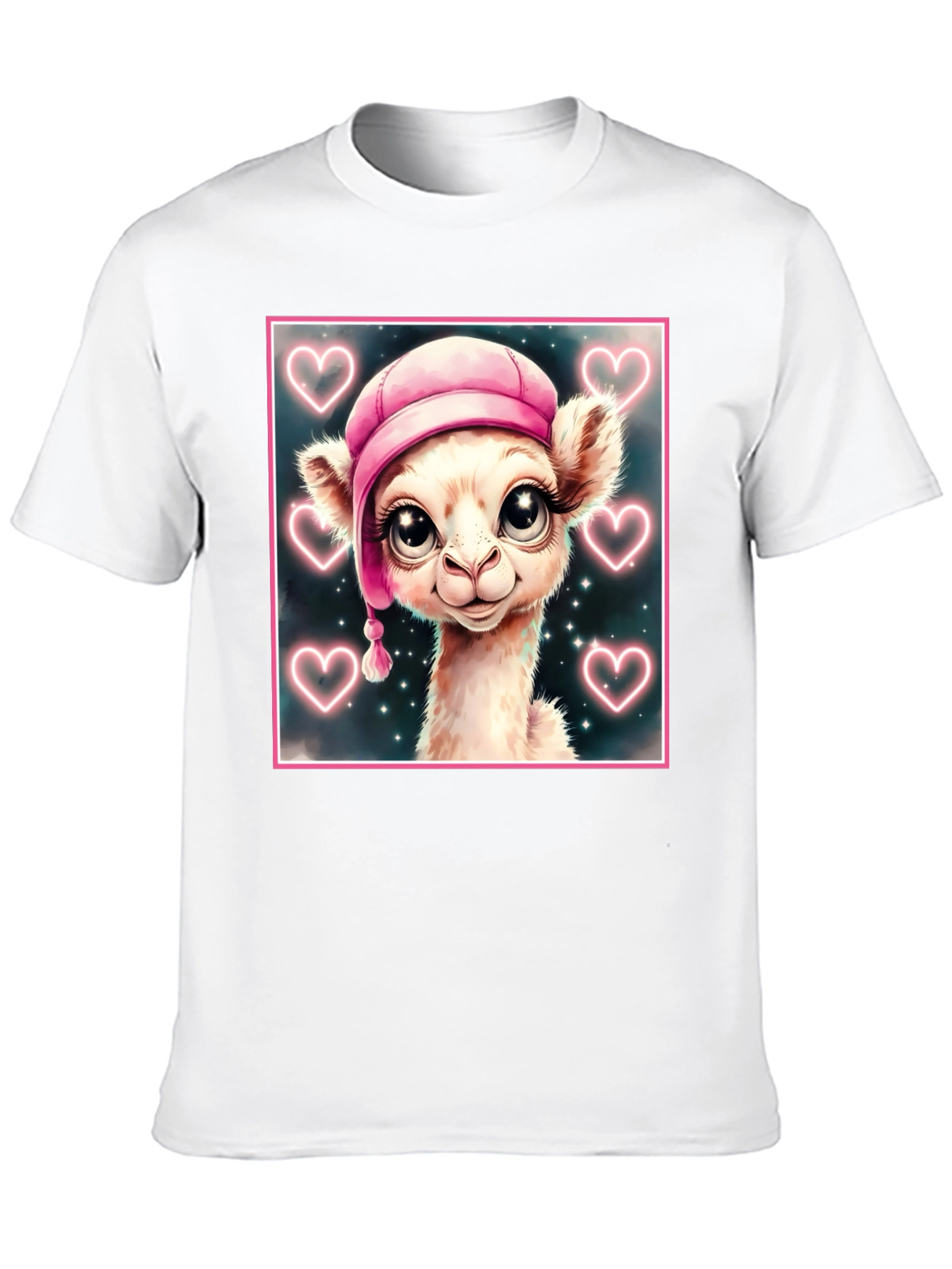 Black Cute Llama in Pink Hat - Graphic Tee view 10