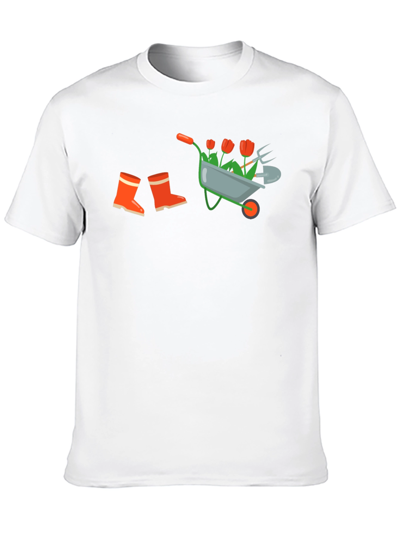 Black Gardening T-Shirt: Wheelbarrow, Boots & Tools Design view 10