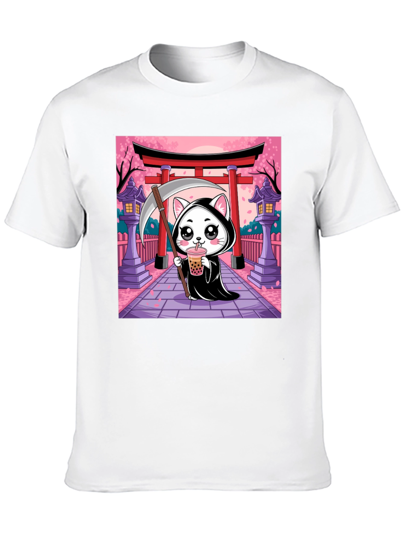 Black Kawaii Grim Reaper Cat T-Shirt view 10