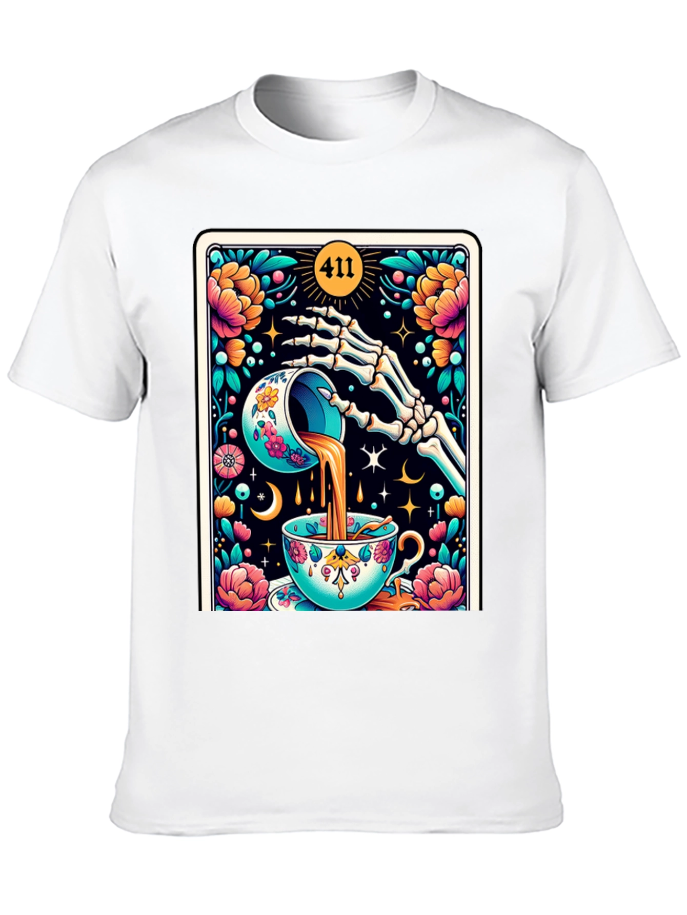 Black Floral Skeleton Tea Cup Tarot Graphic Tee view 10