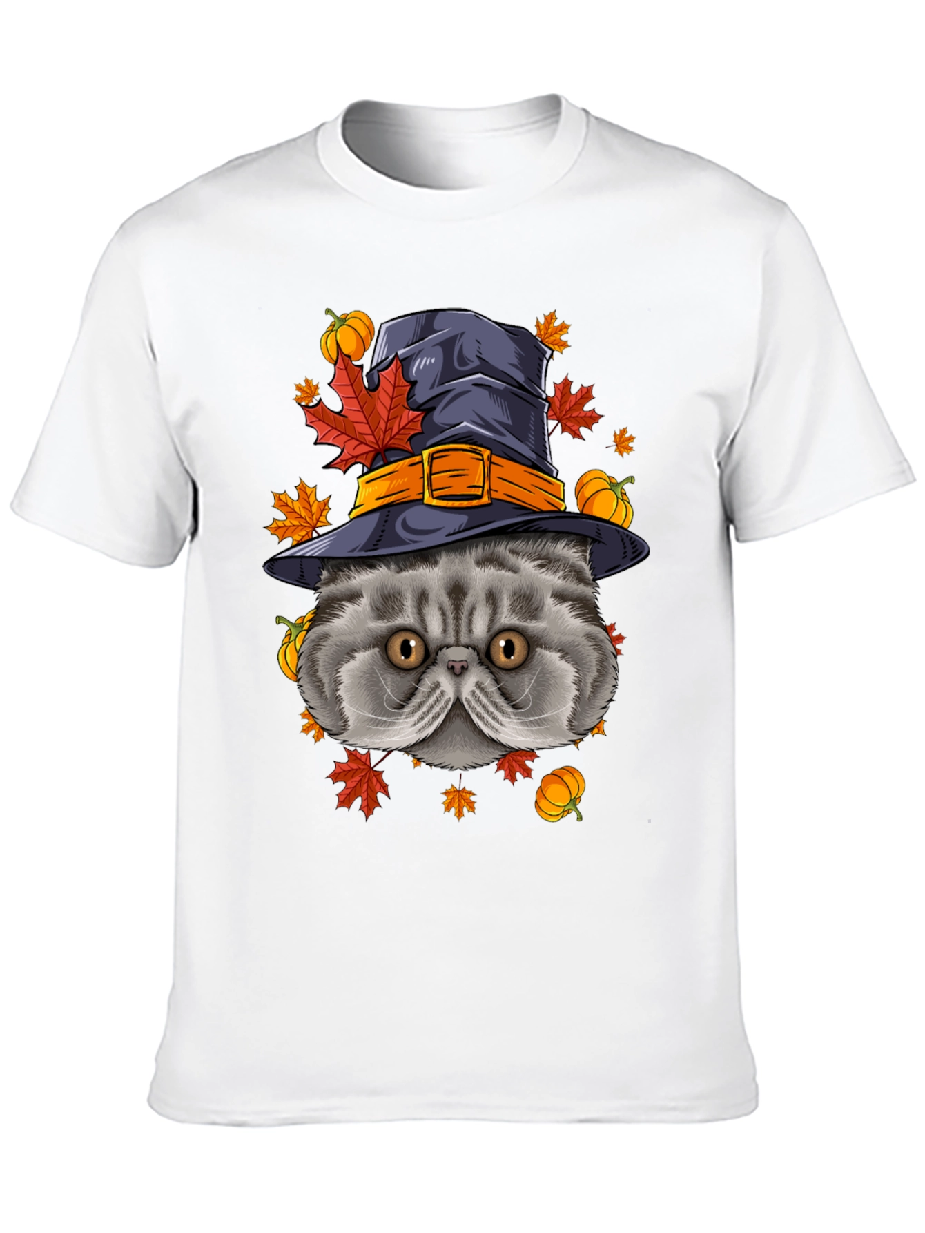 Black Halloween Cat T-Shirt with Witch Hat & Pumpkins view 10