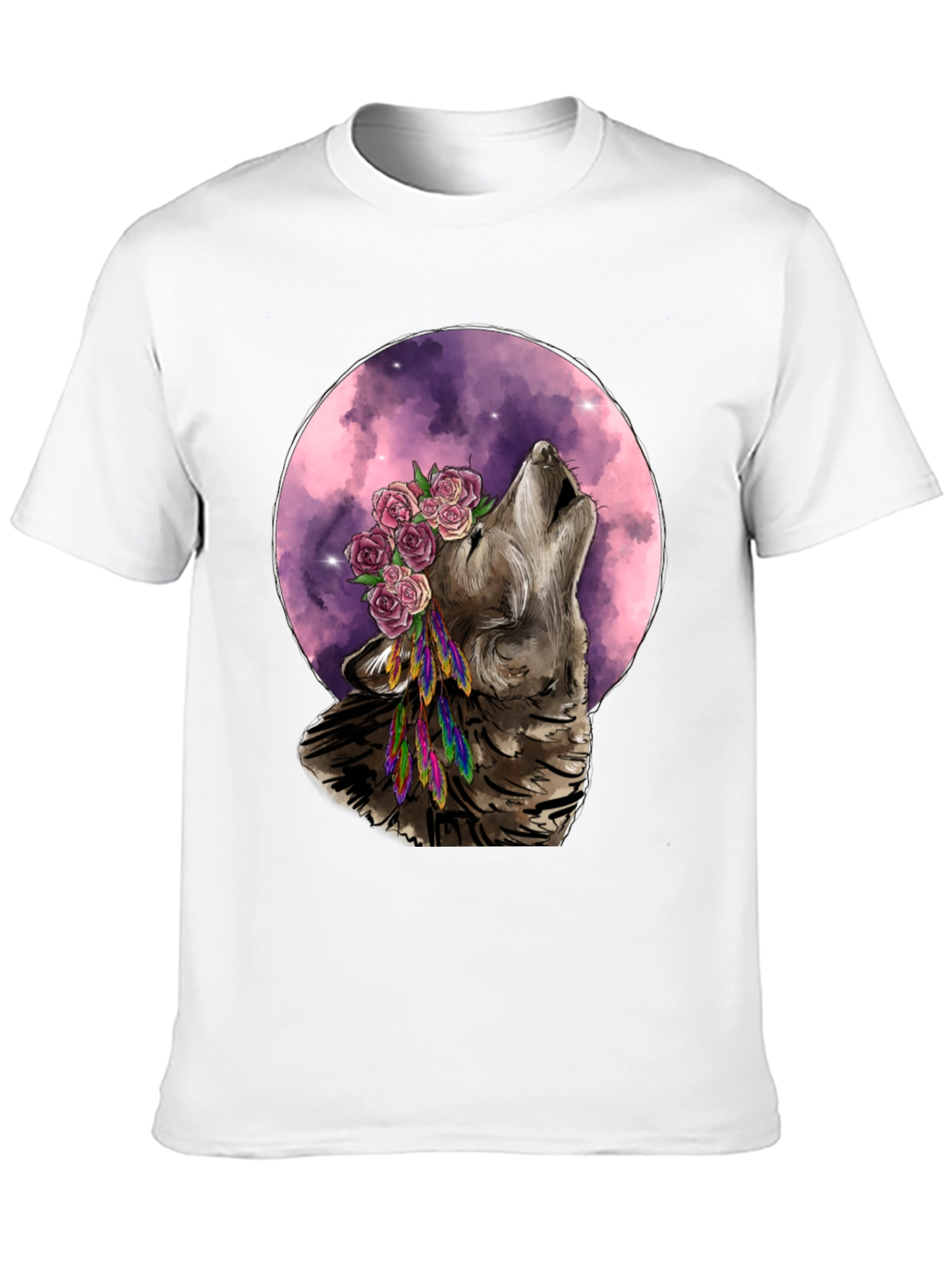 Black Wolf Moon Flower Crown T-Shirt - Nature Inspired Graphic Tee view 10