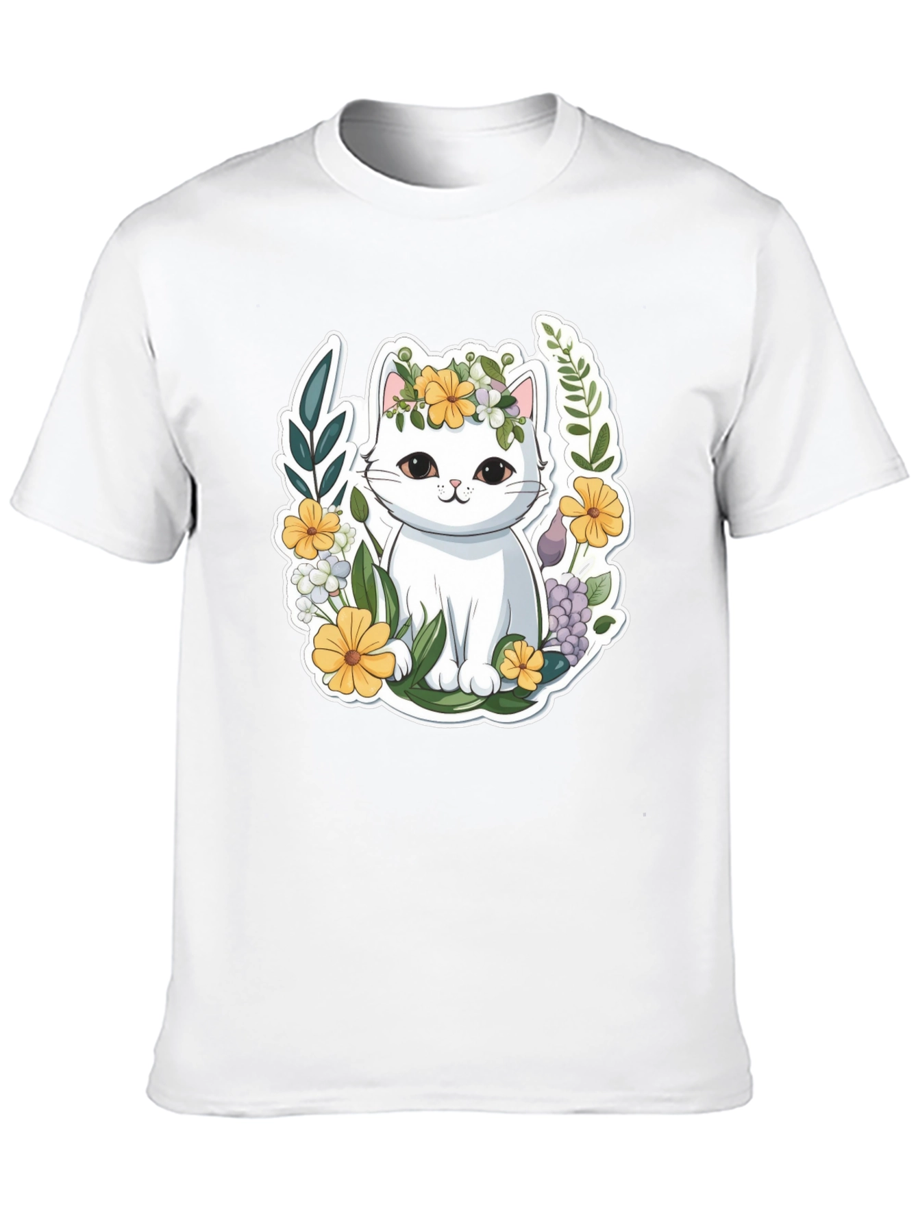 Black Cute Cat Floral Wreath Graphic Tee view 10