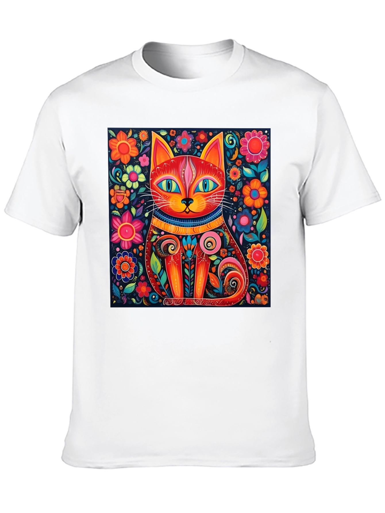 Black Colorful Cat Art T-Shirt - Whimsical Floral Feline Design view 10
