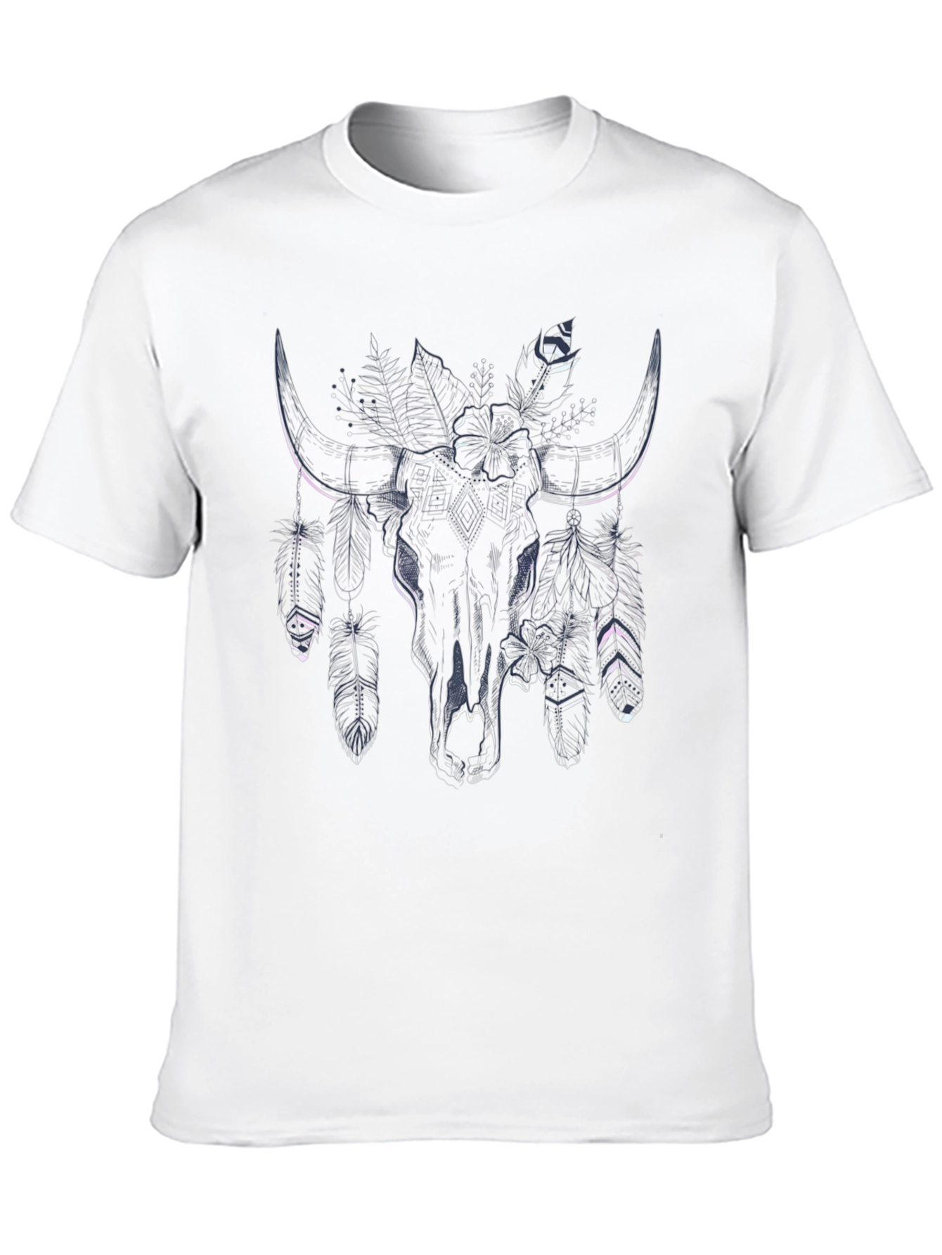 Black Boho Bull Skull Feather Print Black Tee view 10