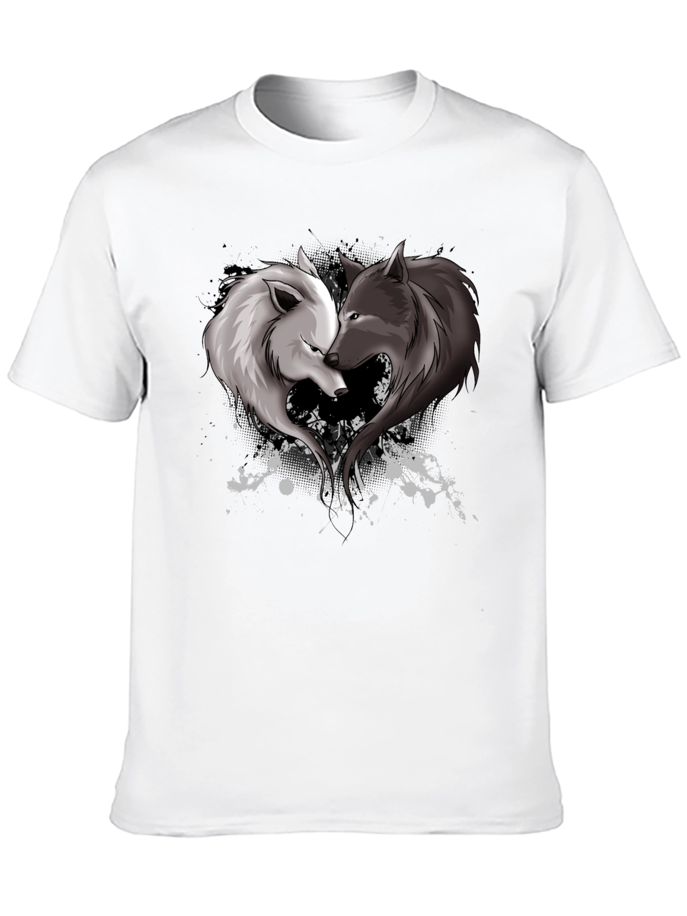 Black Yin Yang Wolves Heart Graphic T-Shirt view 10