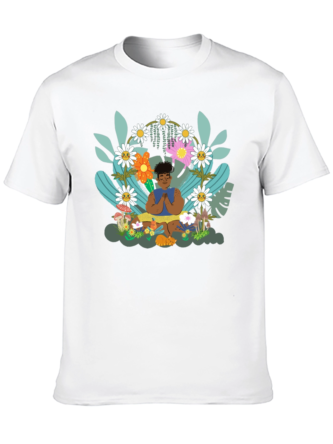 Black Zen Garden T-Shirt - Meditating Figure with Floral Design view 10