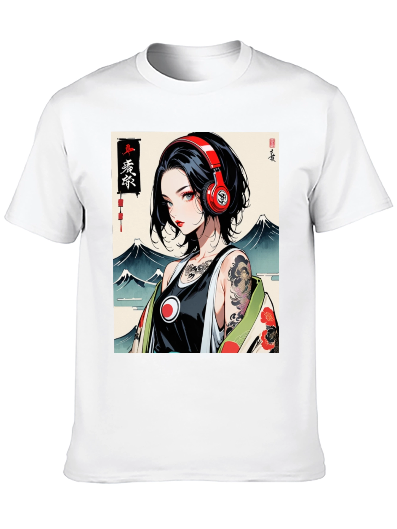 Black Anime Girl Headphones Graphic Black T-Shirt view 10