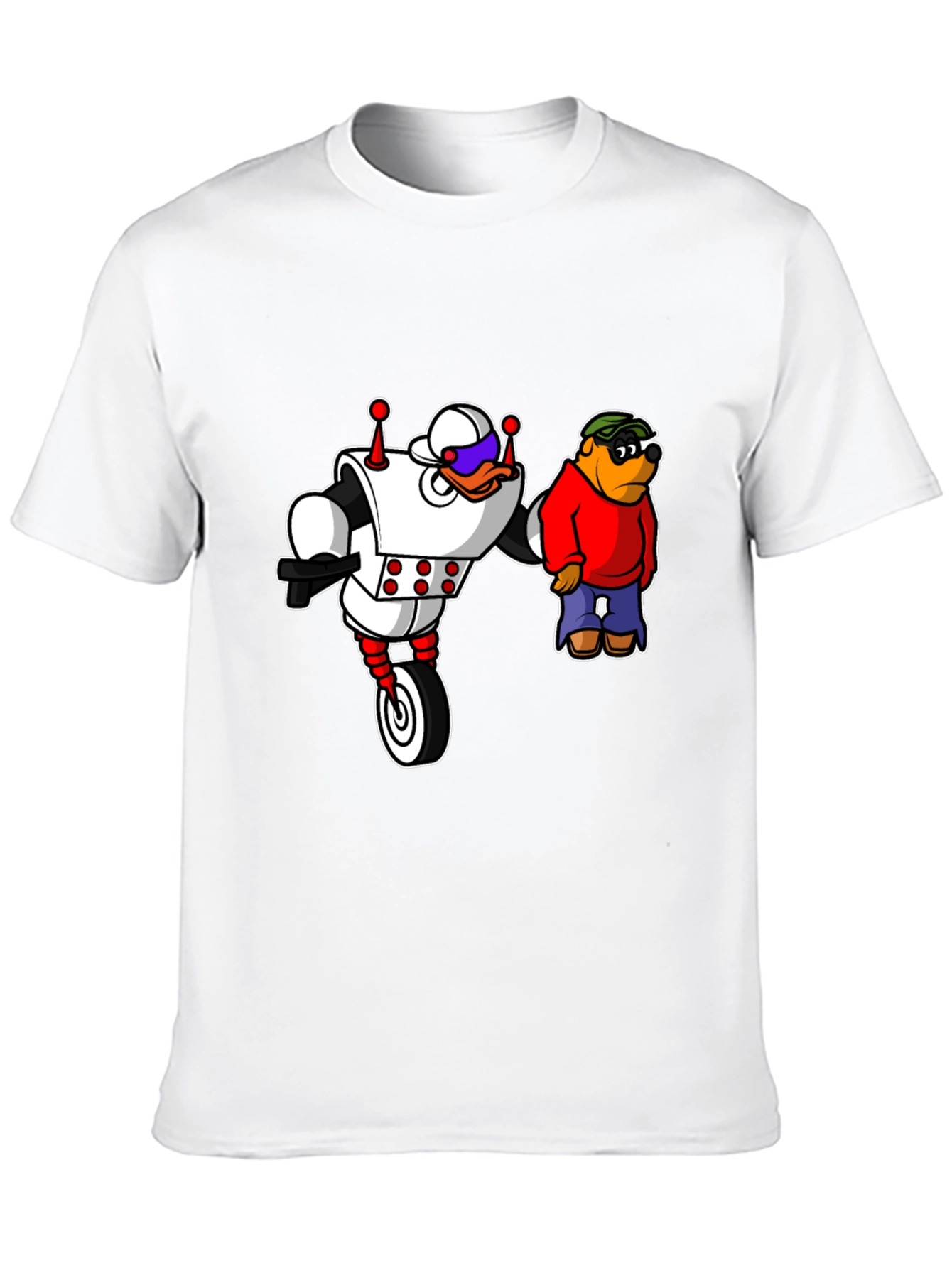 Black Robot Duck and Cartoon Bear Graphic T-Shirt view 10