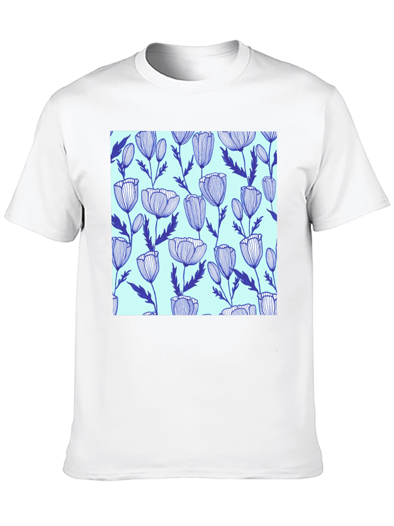 Black Floral Print Men's T-Shirt - Blue Poppies on Mint view 10