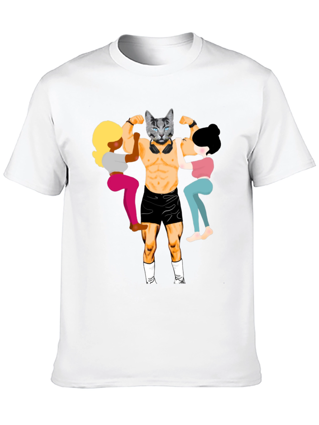 Black Funny Cat Bodybuilder Graphic Tee view 10
