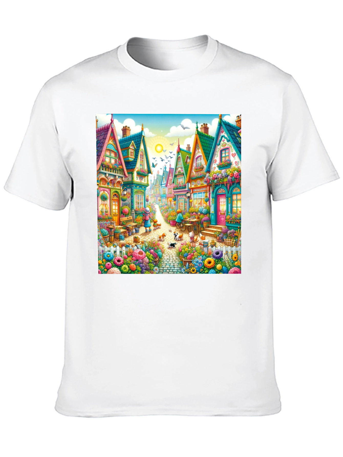 Black Whimsical Village T-Shirt - Colorful Town Design view 10