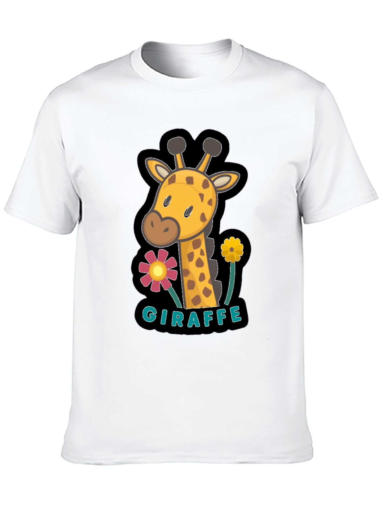 Black Cute Giraffe Flower Graphic Black T-Shirt view 10