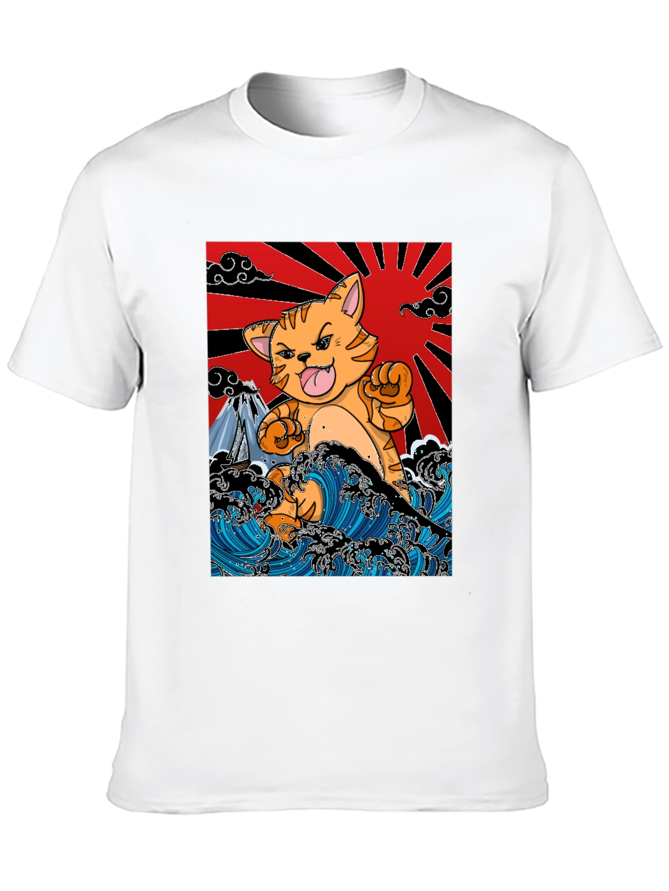 Black Japanese Cat Wave T-Shirt - Fun Graphic Tee view 10