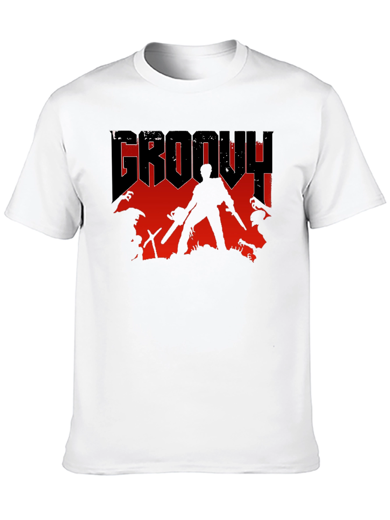 Black Groovy Horror T-Shirt - Chainsaw & Boomstick Design view 10
