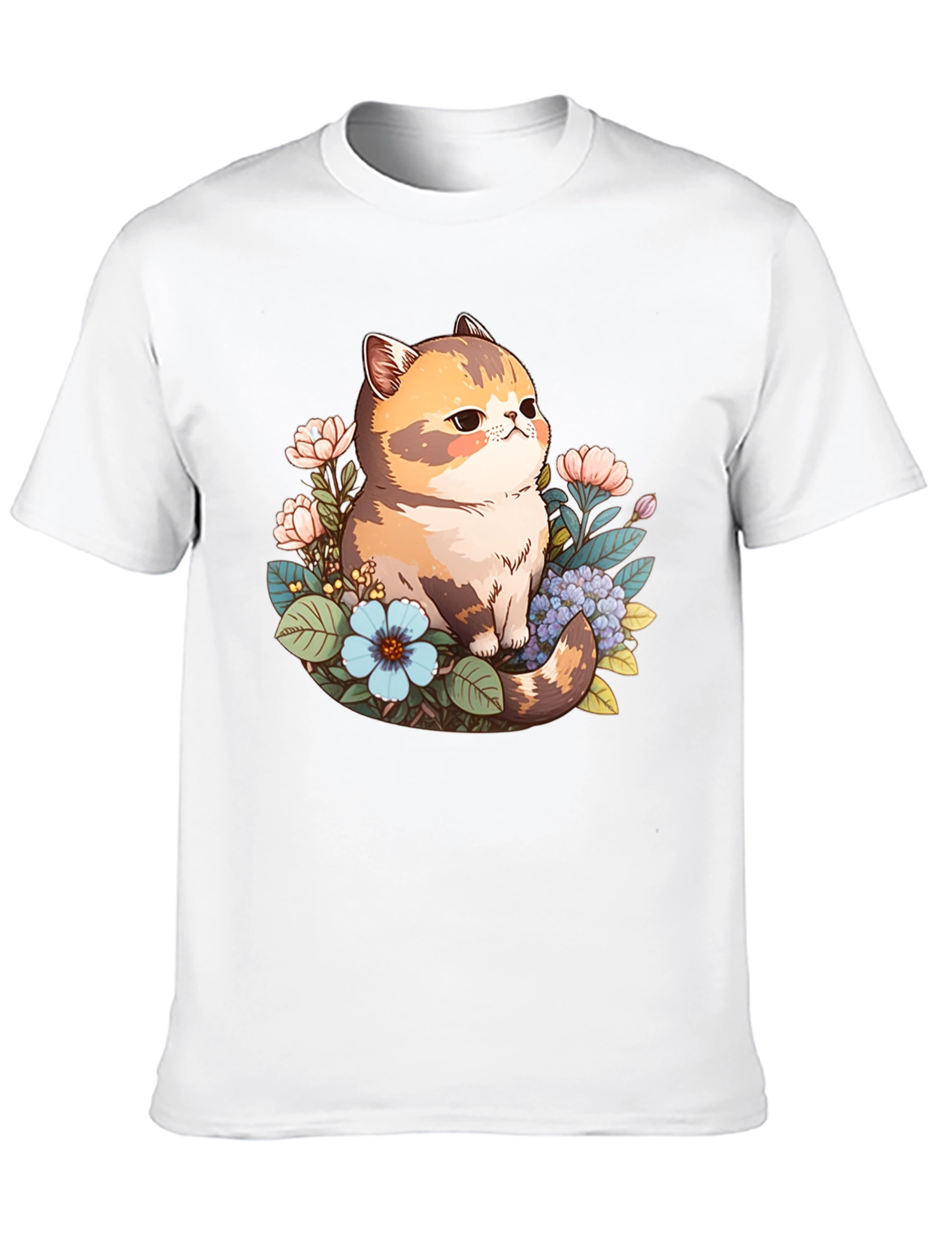 Black Cute Cat Floral Graphic Black T-Shirt view 10